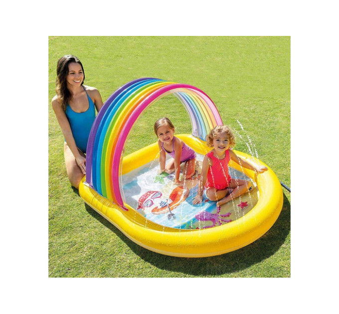 57156 Детский надувной бассейн 147х130х86см "Радуга" с навесом и фонтанчиками, 84л, от 2 лет